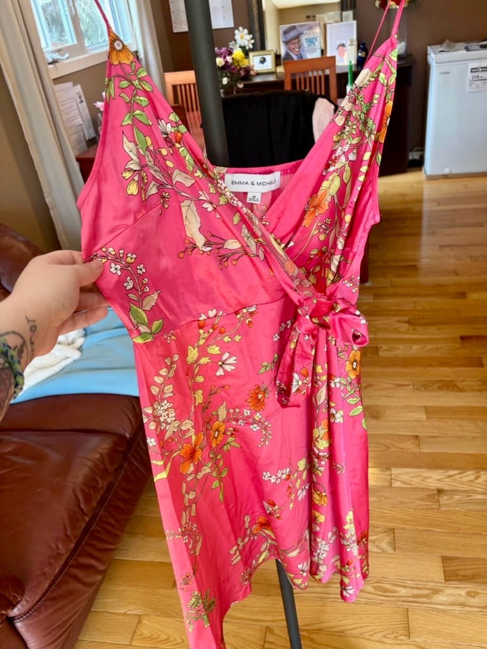 Emma & Michele Pink Floral Wrap Slip Silk Dress